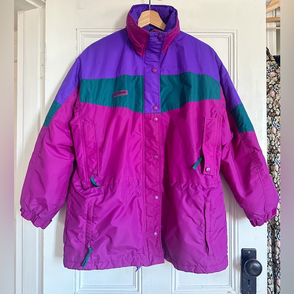 Vintage 90s Columbia Colorblock Purple Radial Sleeve Ski Parka. Size Medium